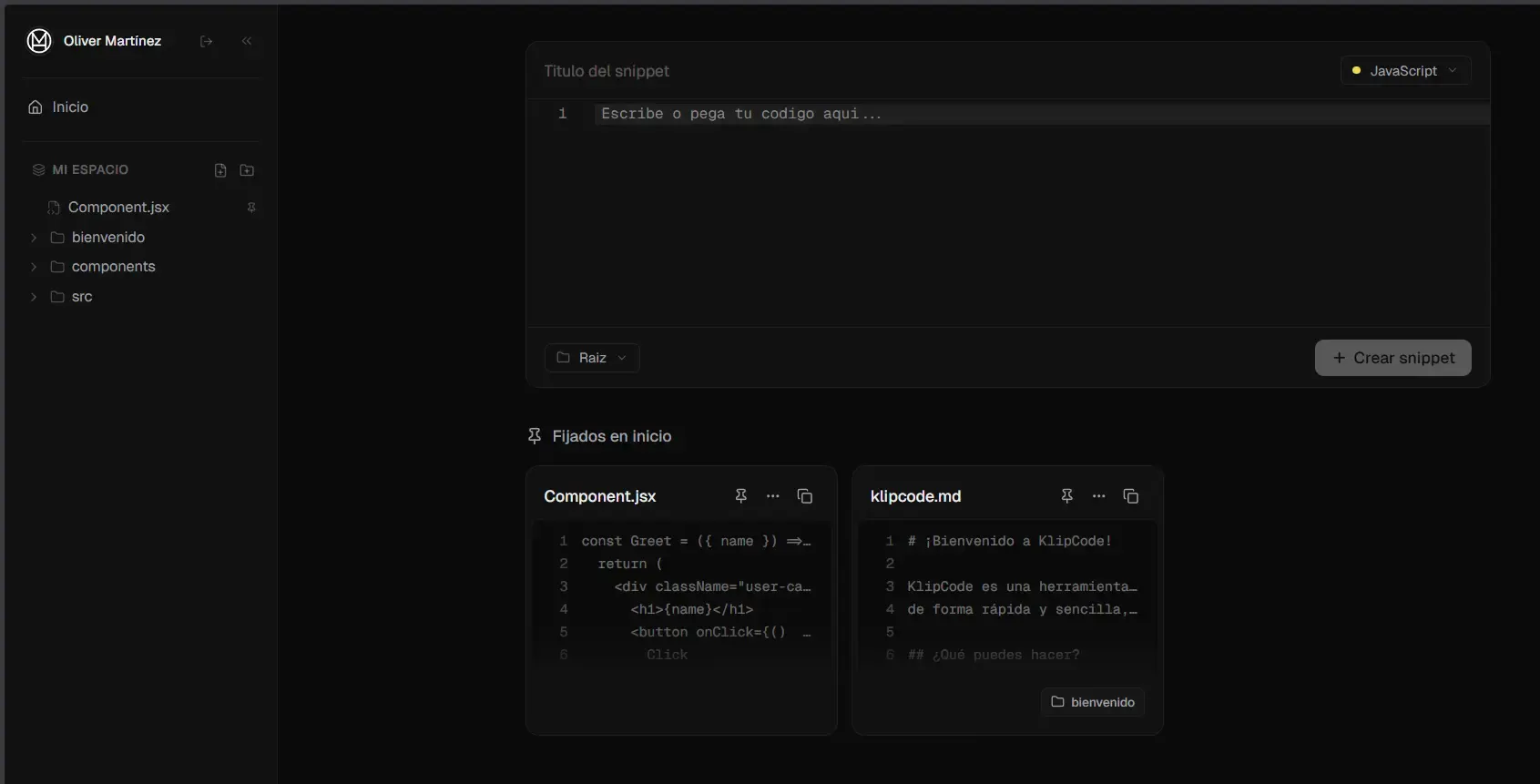 Interfaz de la aplicación KlipCode